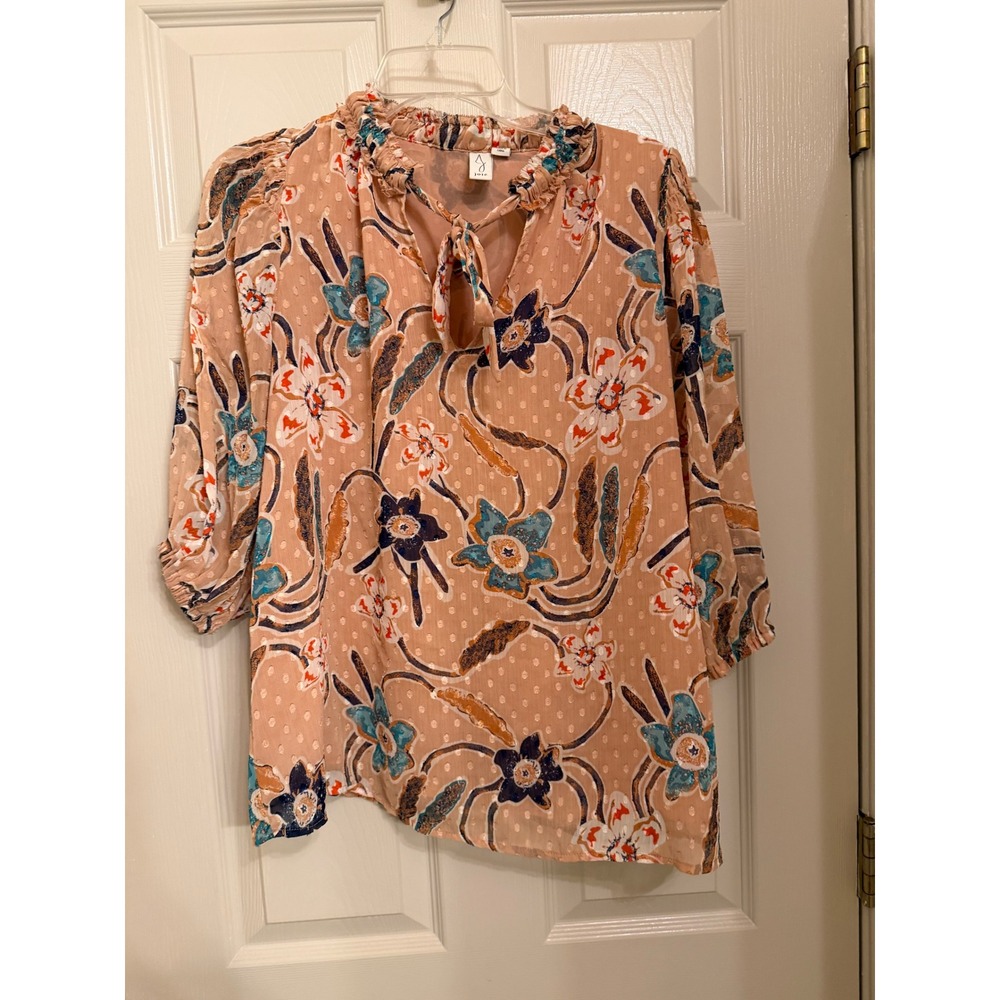 Joie Floral Clip Dot Ruffle Neck Tie Blouse Peach Large
